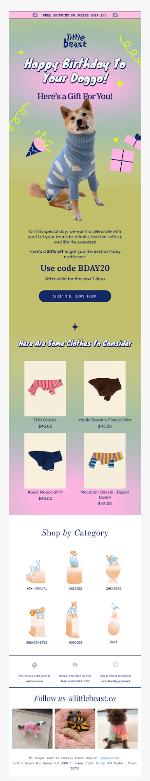 Pet birthday email example from Vittie Beast featuring playful design, personalized messaging, and product promotion for pet owner customer engagement automation